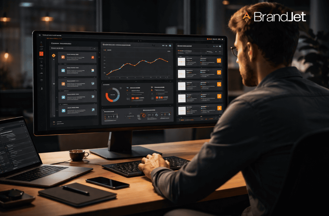 Cold Outreach Overview & Platform Comparison with a person viewing the BrandJet analytics dashboard on a monitor
