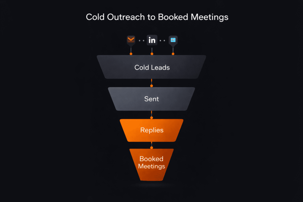 Cold Outreach Overview & Platform Comparison funnel from cold leads through sent messages, replies, to booked meetings