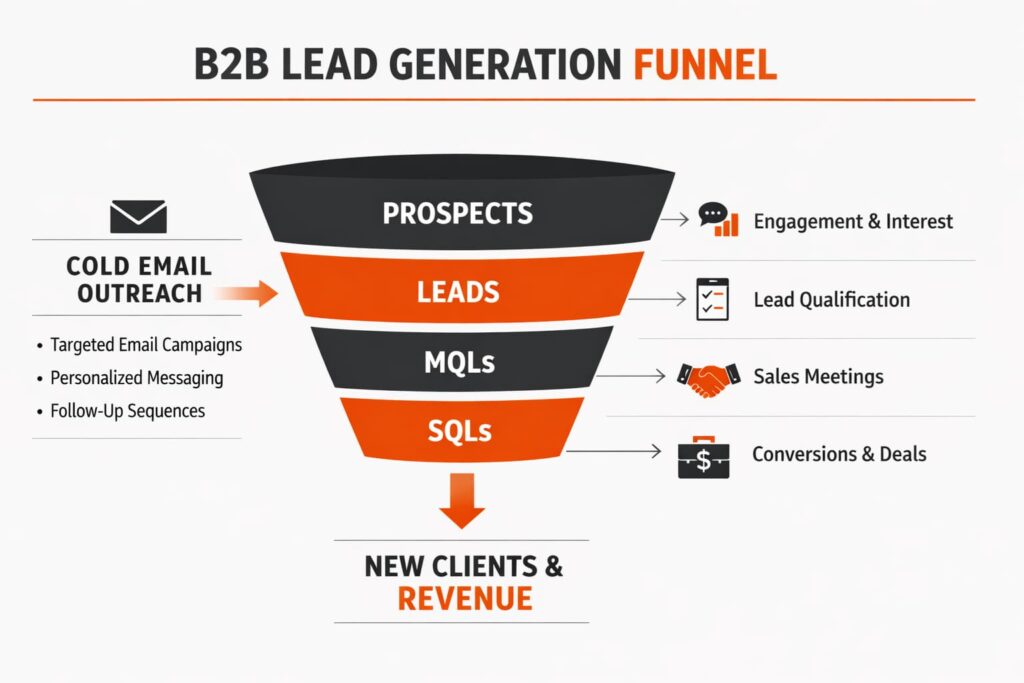 Visualizing “how does cold email outreach work” within a B2B funnel to turn prospects into MQLs, SQLs, and new revenue.