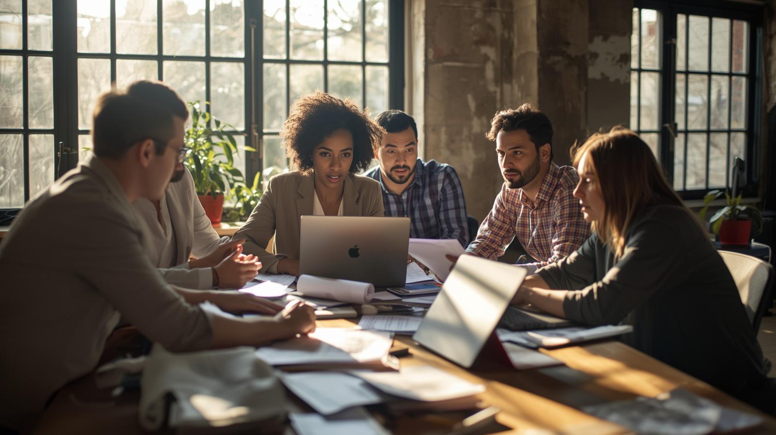 Diverse team gathered around a laptop in a sunlit room actively managing Internal Crisis Communication together
