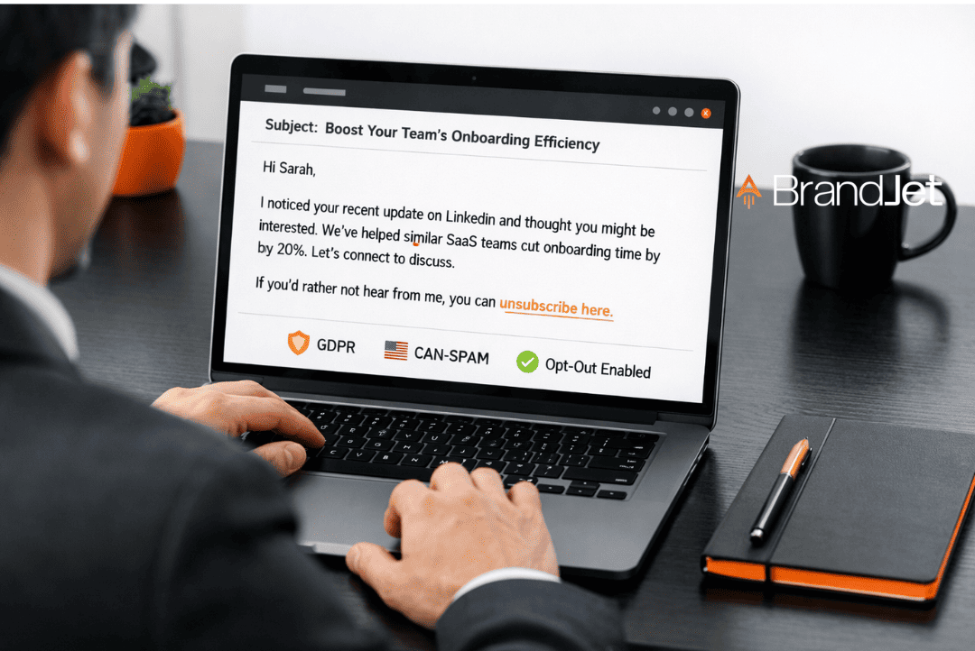 : Is cold email outreach legal? Person writing GDPR and CAN-SPAM compliant cold email with opt-out link