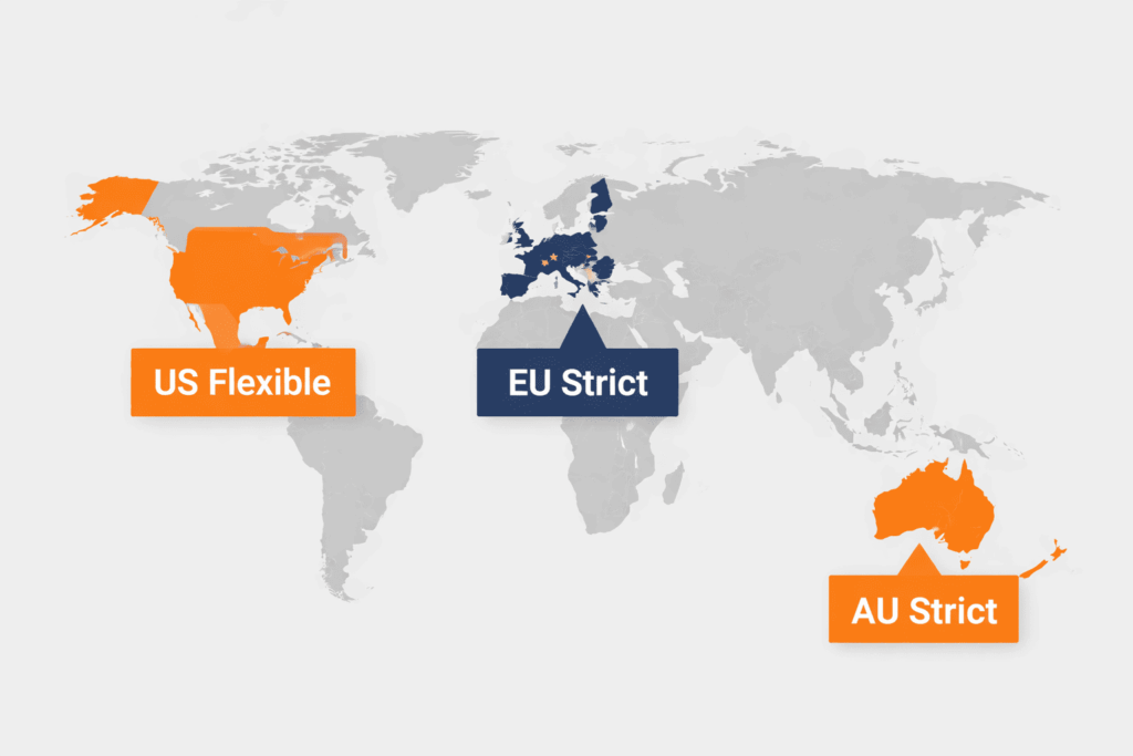 World map showing US flexible, EU strict, and AU strict regulations