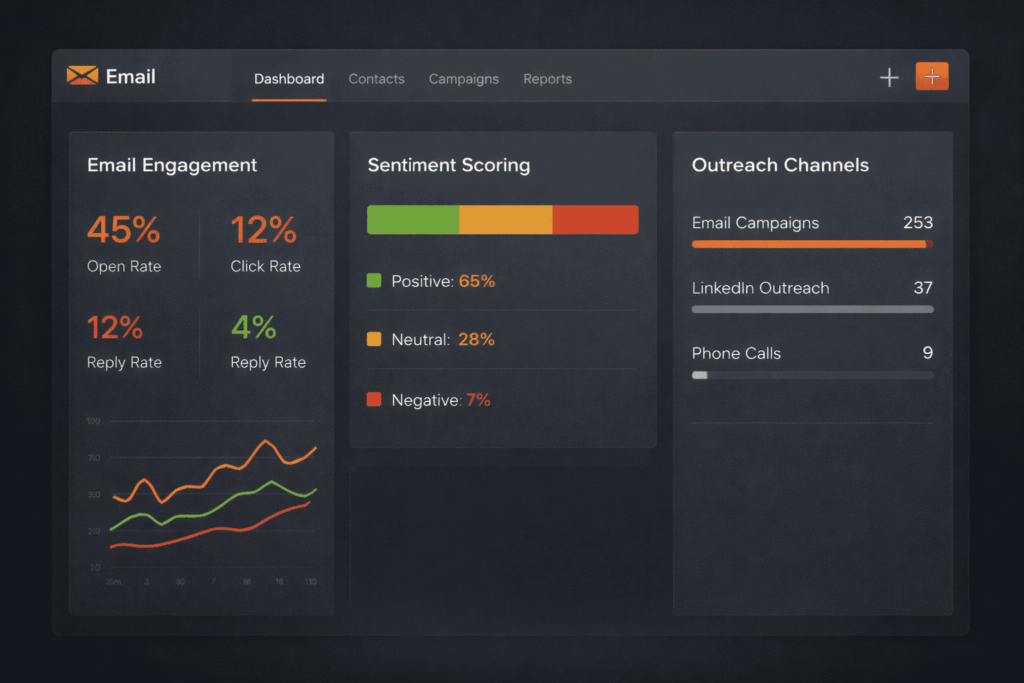 Email engagement dashboard showing open rates and sentiment scoring