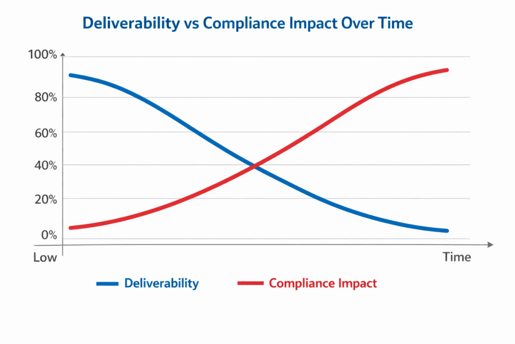 Deliverability vs compliance impact over time line graph