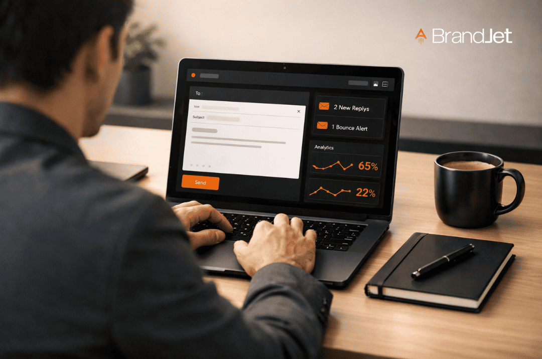 What is Cold Email Outreach shown via BrandJet dashboard with analytics and email compose screen on laptop