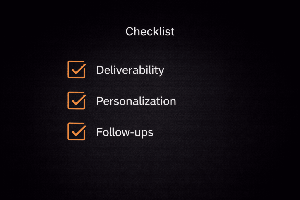 What is Cold Email Outreach checklist showing deliverability, personalization, and follow-ups on dark background