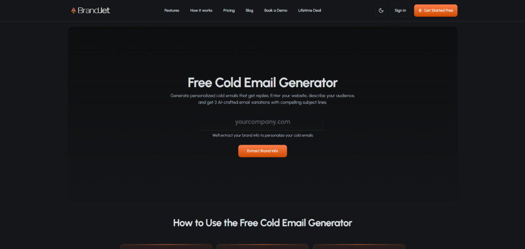 BrandJet interface showing how cold email outreach works with an AI generator.