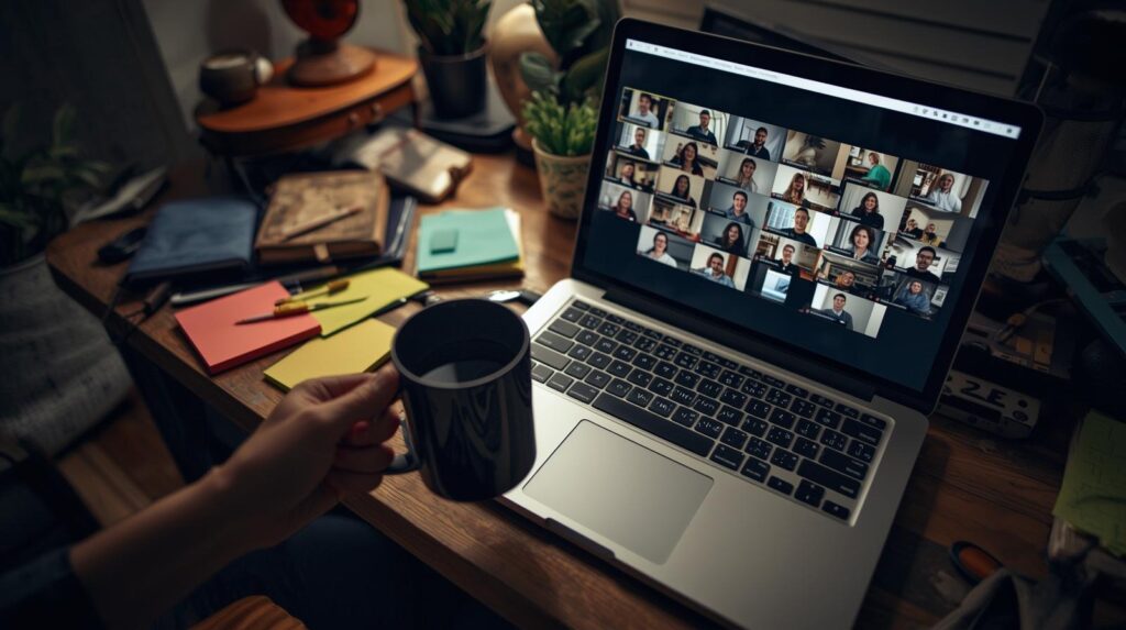 Person holding coffee cup attending a video call with a large team practicing Internal Crisis Communication remotely