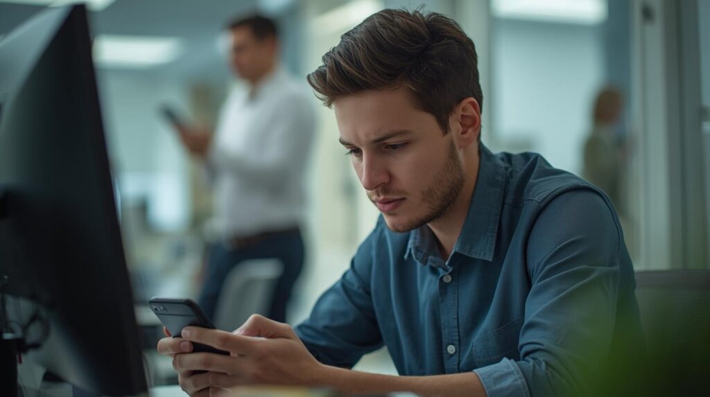 Young male employee checking phone at his desk staying updated through Internal Crisis Communication in the office