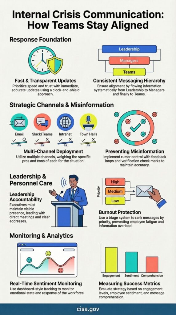 Infographic outlining Internal Crisis Communication strategies with messaging hierarchy channels and sentiment monitoring