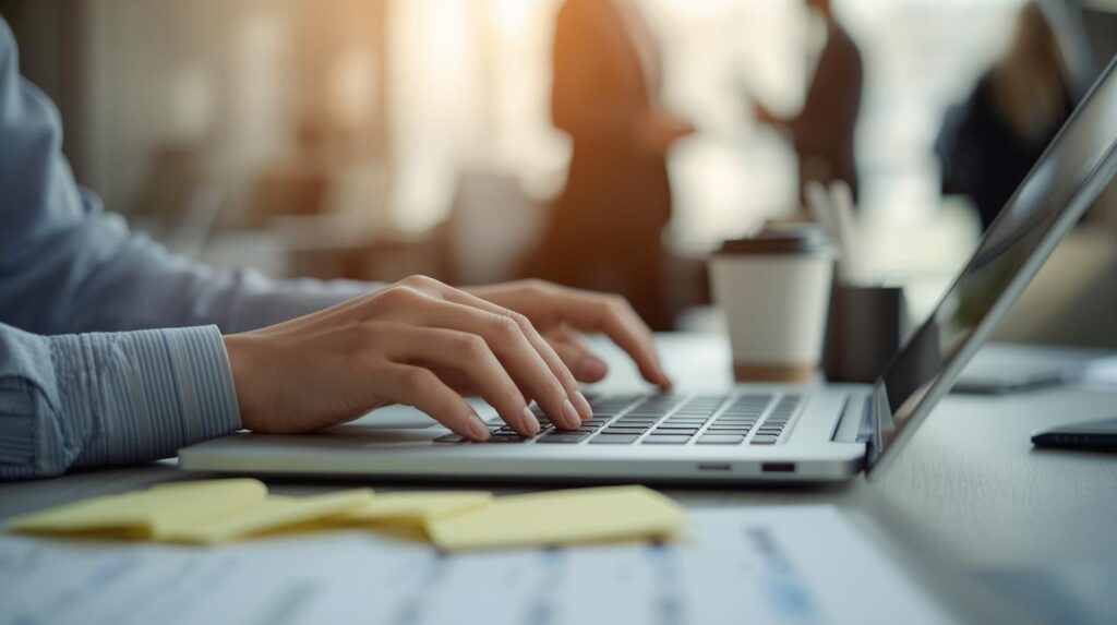 Close-up of hands typing on a laptop with sticky notes nearby taking steps to prevent internal misinformation