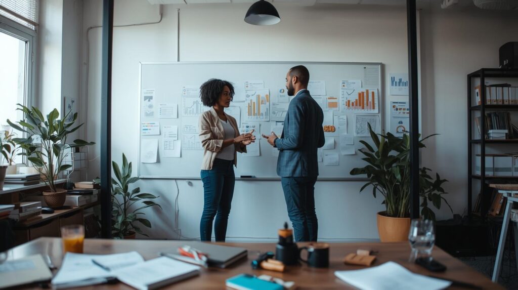 Two colleagues discussing charts on a whiteboard in a bright office working together to prevent internal misinformation