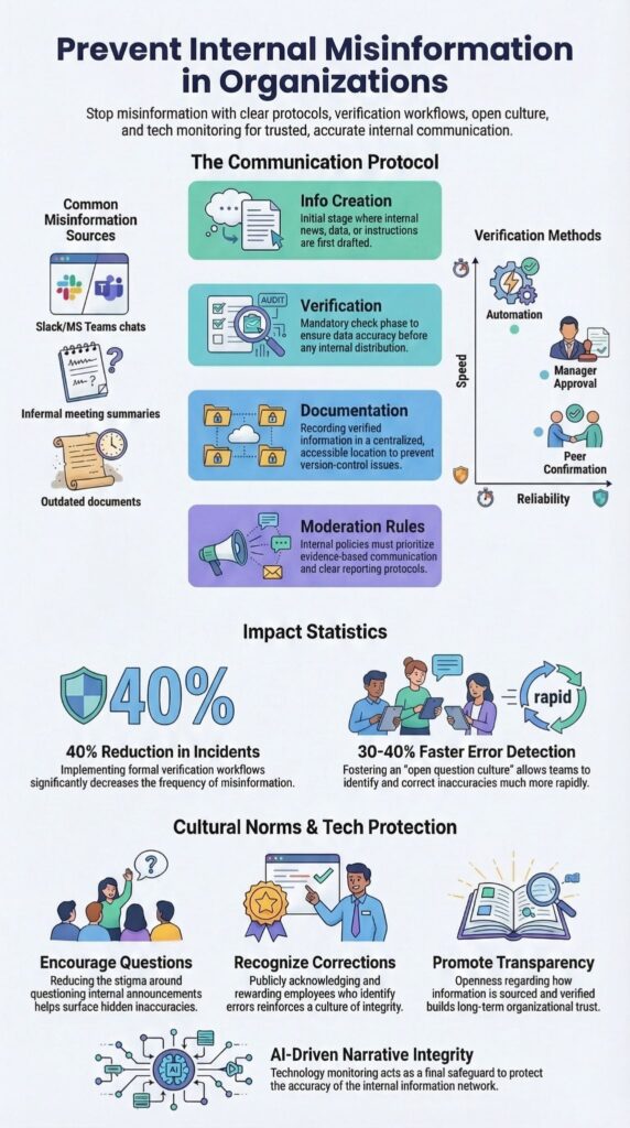 Infographic showing how to prevent internal misinformation with verification protocols impact stats and cultural norms