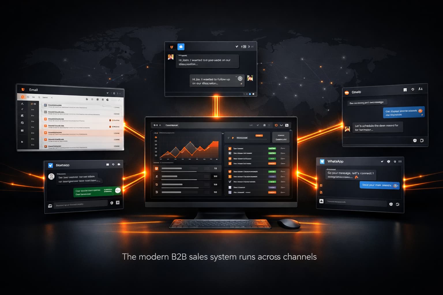 Modern B2B system visualization showing how to find b2b clients online across multiple outreach channels