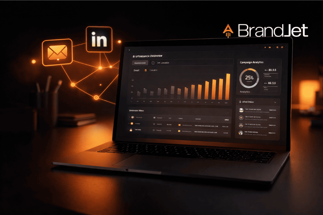 BrandJet best cold outreach software dashboard on laptop with email and LinkedIn multichannel campaign analytics