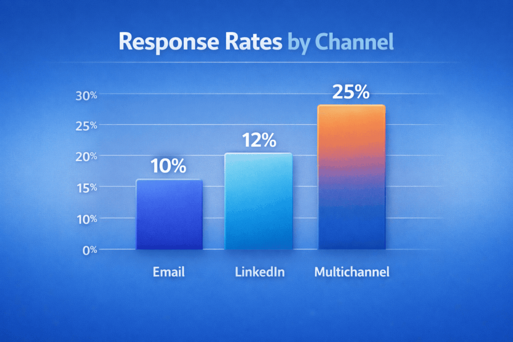 Bar chart comparing response rates by channel for best cold outreach software: email 10%, LinkedIn 12%, multichannel 25%