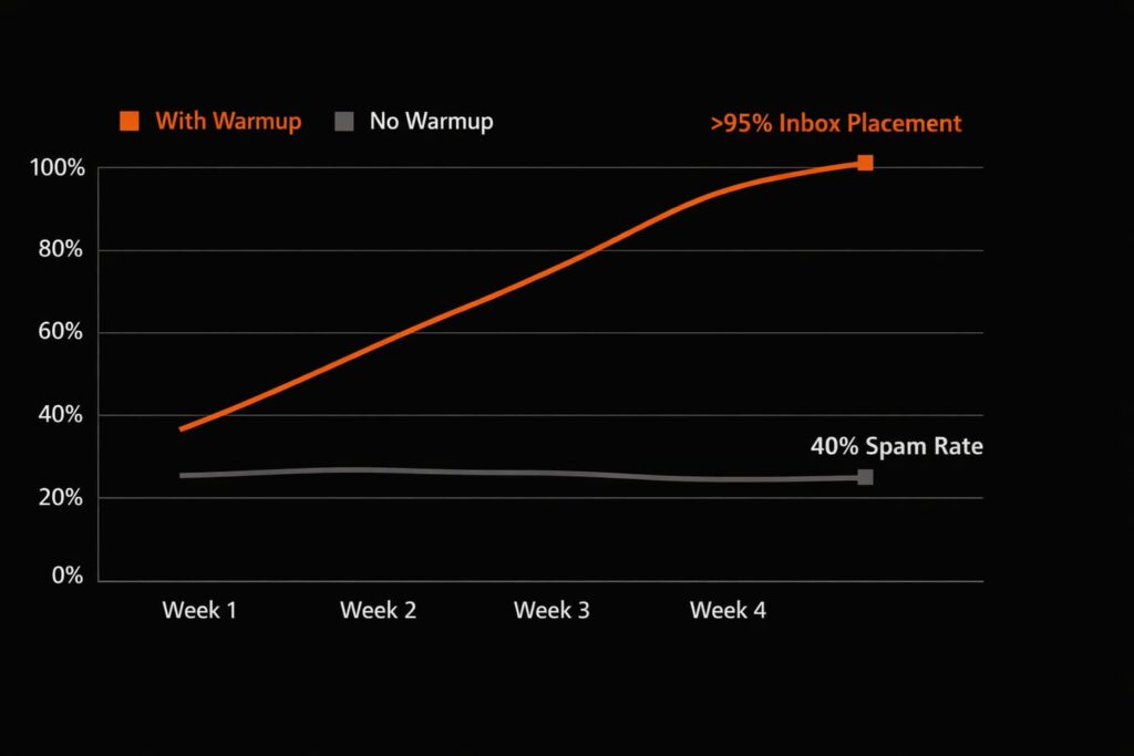 A graph showing that the best cold outreach tools for startups use warmups to achieve over 95% inbox placement.