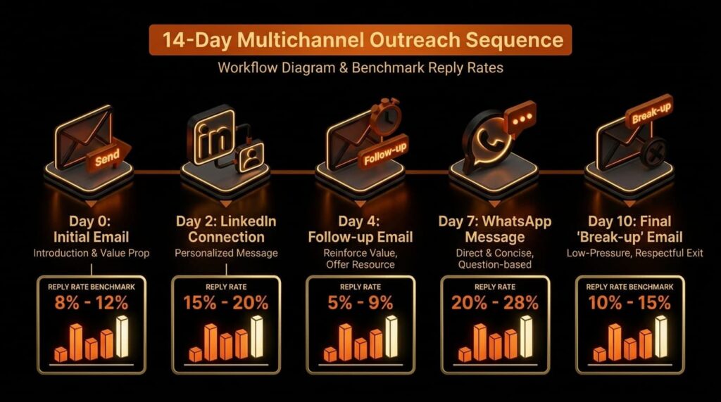 14-day workflow diagram of best cold outreach tools for startups with reply rate benchmarks per channel step