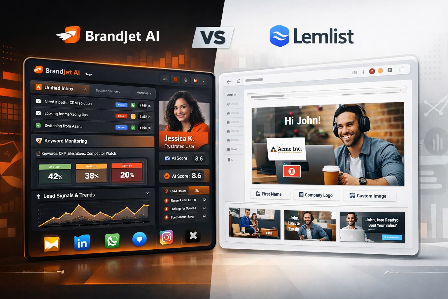 Dashboard showing a BrandJet AI vs Lemlist comparison of outreach interfaces and signal-based tracking features.