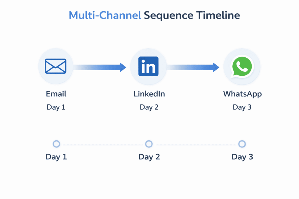 brandjet ai vs reply.io comparison illustrating a multi-channel outreach sequence across email, LinkedIn, and WhatsApp