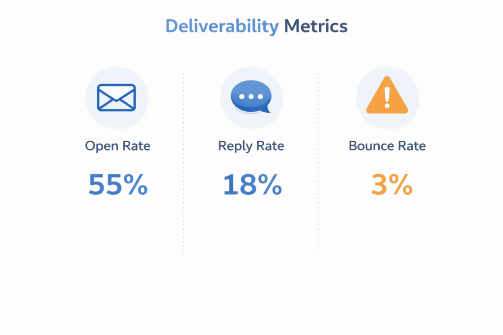 brandjet ai vs reply.io comparison showing email deliverability metrics with open rate, reply rate, and bounce rate icons