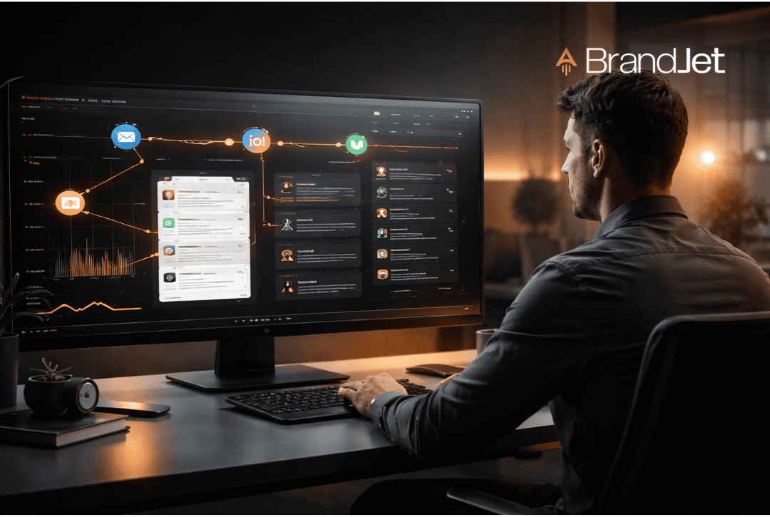 brandjet ai vs reply.io comparison showing a man using an AI-powered multichannel outreach dashboard on a large monitor