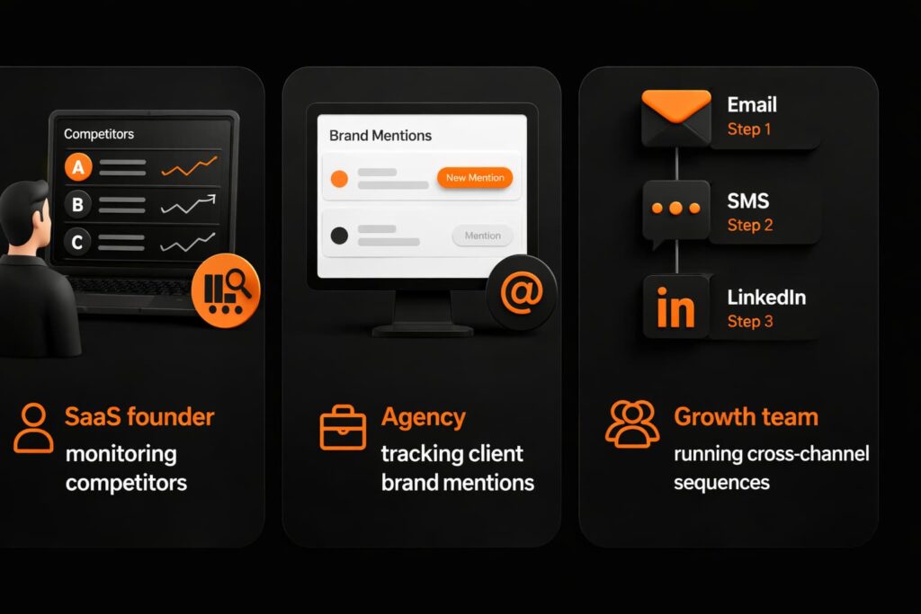 Use case graphics for a BrandJet AI vs Lemlist comparison, featuring SaaS, agency, and growth team outreach icons.