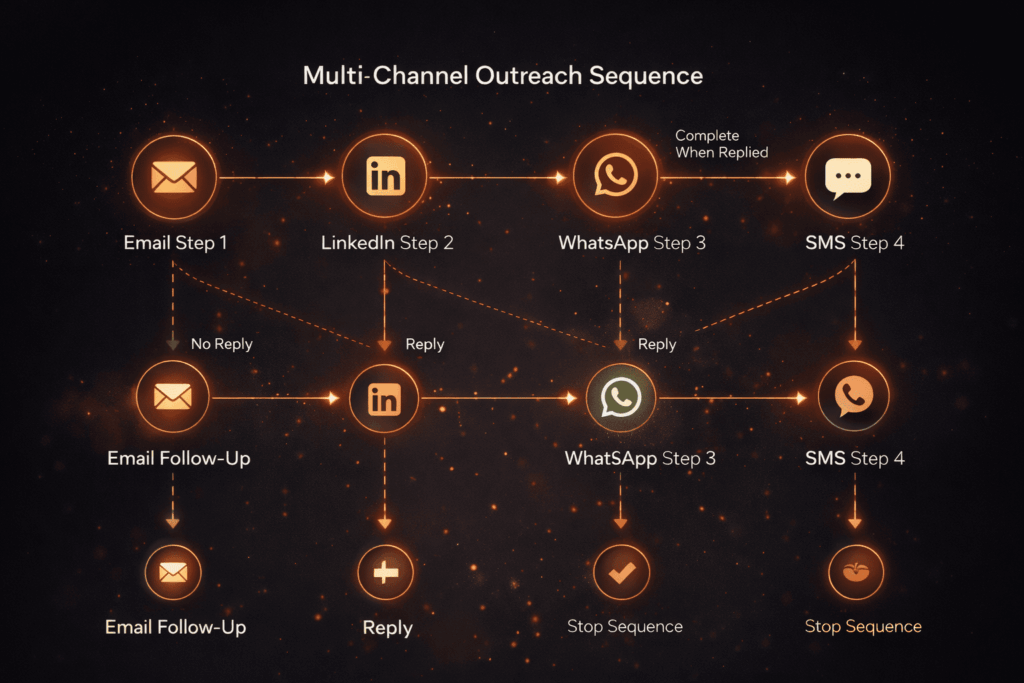 brandjet ai vs instantly comparison of multi-channel outreach flow via email LinkedIn WhatsApp and SMS steps