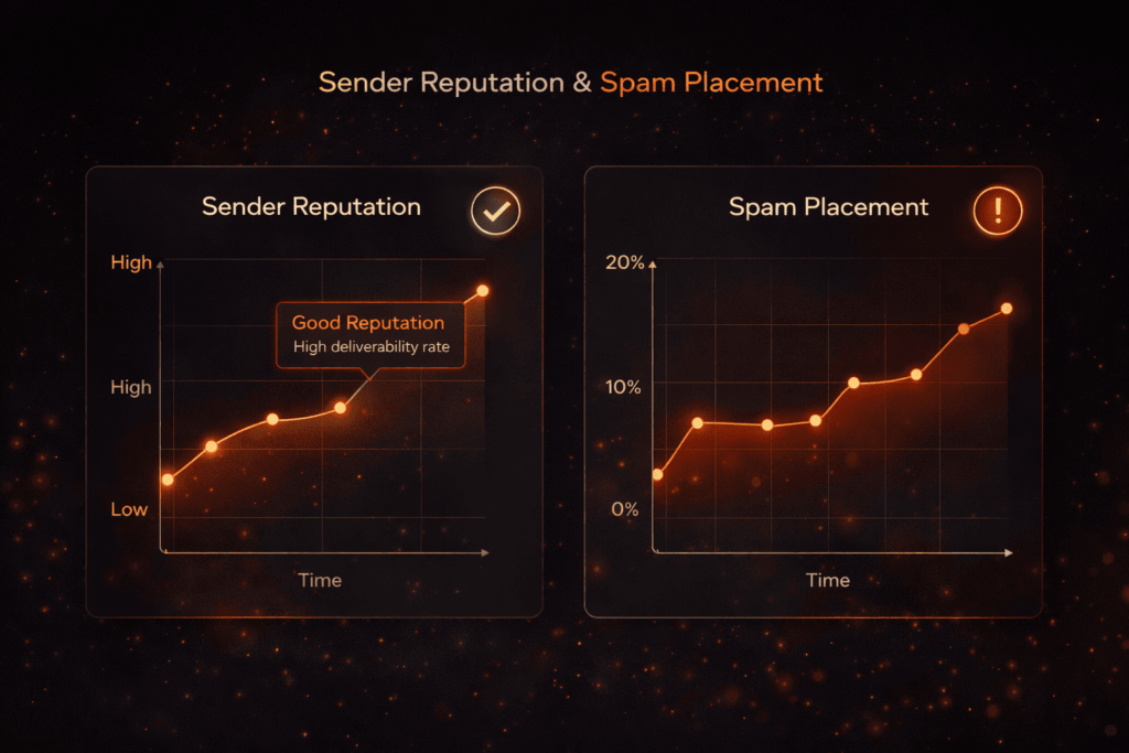 brandjet ai vs instantly comparison of sender reputation scores and spam placement rates shown in dual line charts