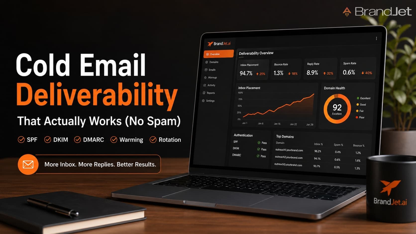 Why B2B Cold Emails Go to Spam: deliverability dashboard showing 94.7% inbox placement with SPF DKIM DMARC authentication passing