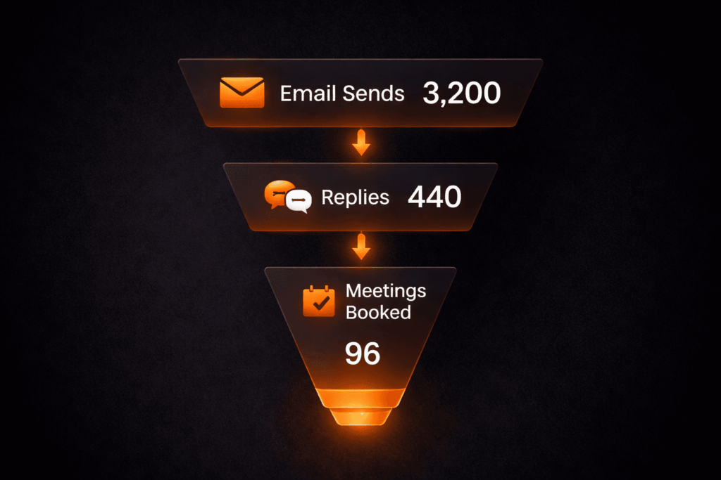 Cold email outreach response rates 2026 sales funnel showing 3,200 sends, 440 replies, and 96 meetings booked.