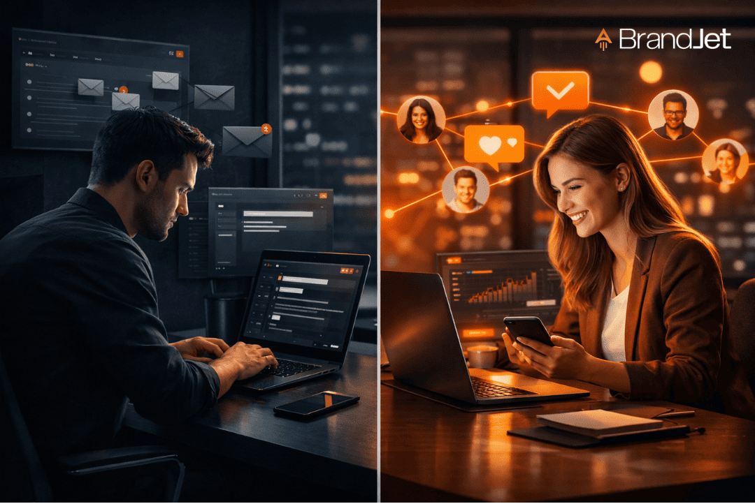 Cold email vs warm email outreach showing man sending emails and woman engaging with social network connections