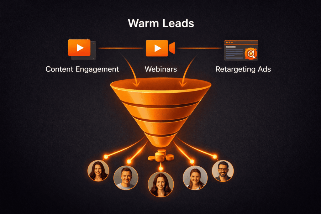 Cold email vs warm email outreach warm leads funnel with content engagement, webinars, and retargeting ads