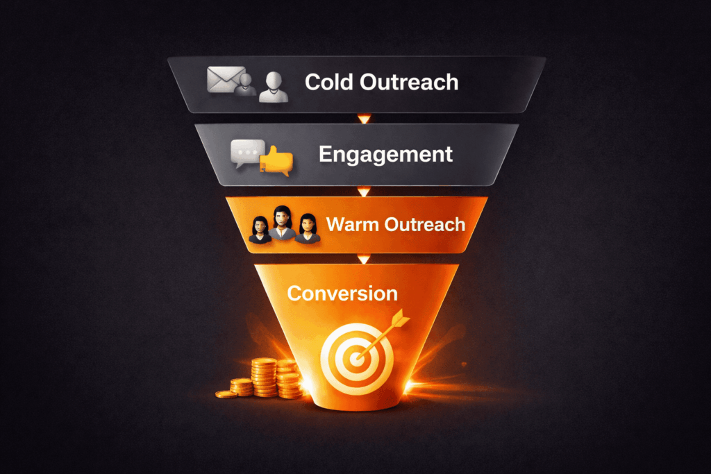 Cold email vs warm email outreach funnel showing stages from cold outreach and engagement to conversion