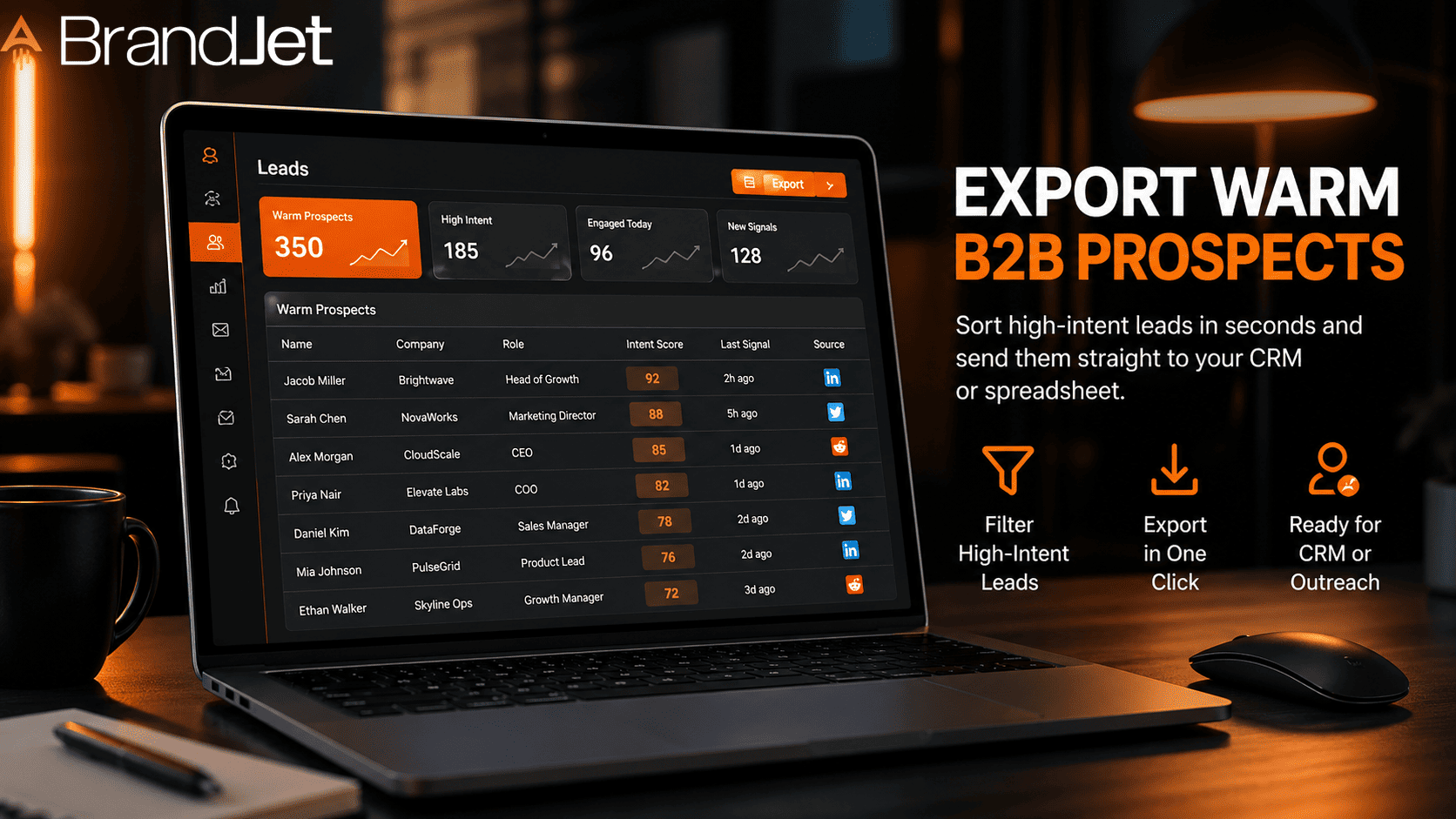 Export warm B2B prospects from BrandJet by filtering high-intent leads and sending them to your CRM or spreadsheet. 