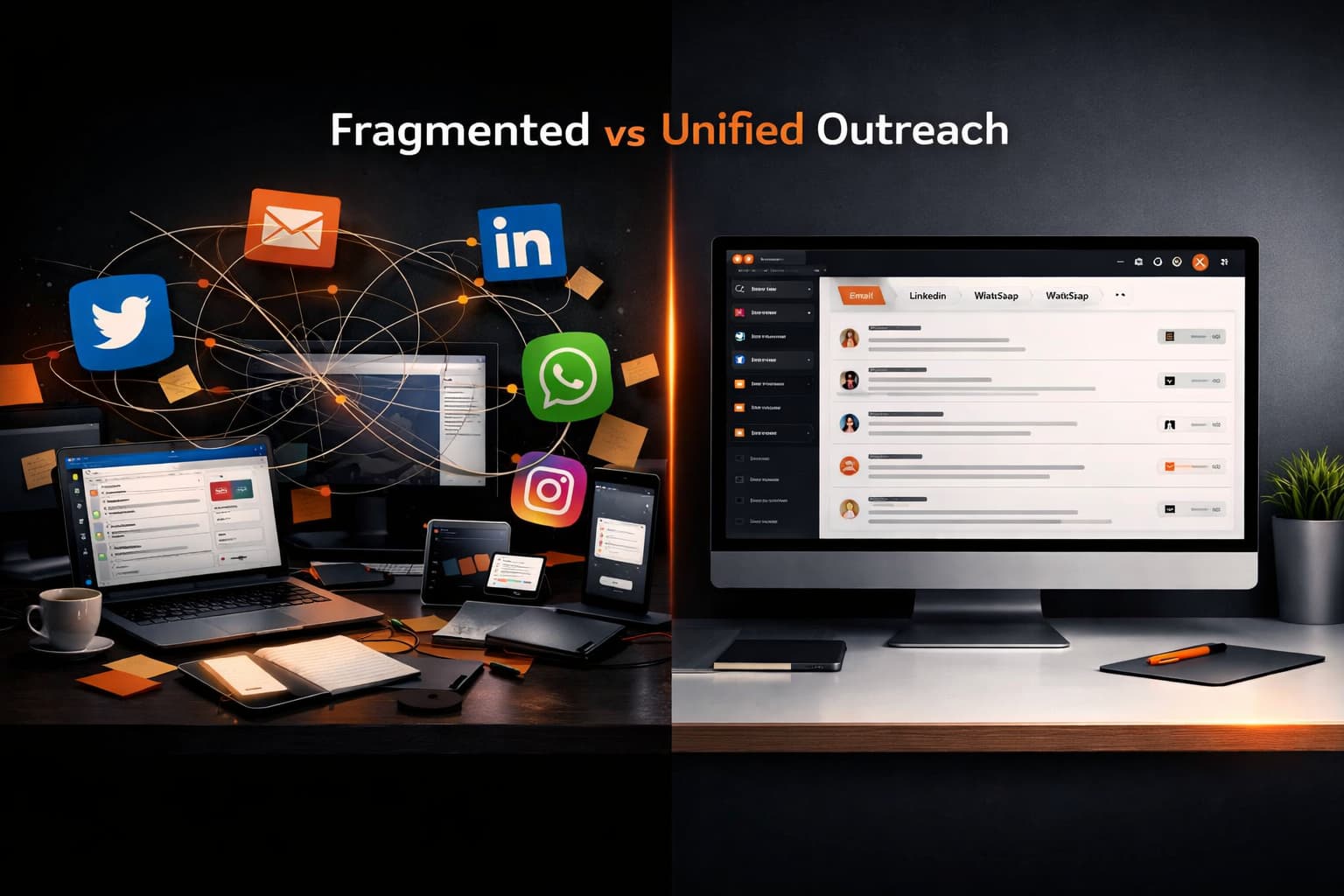 Scattered social channels versus single organized platform representing best multi-channel outreach tools 2026