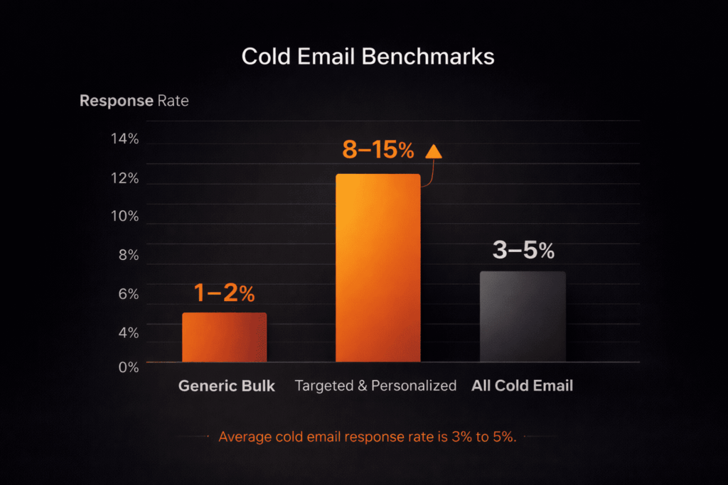 Bar chart benchmarks showing how effective is cold email outreach with 1–15% response rate ranges