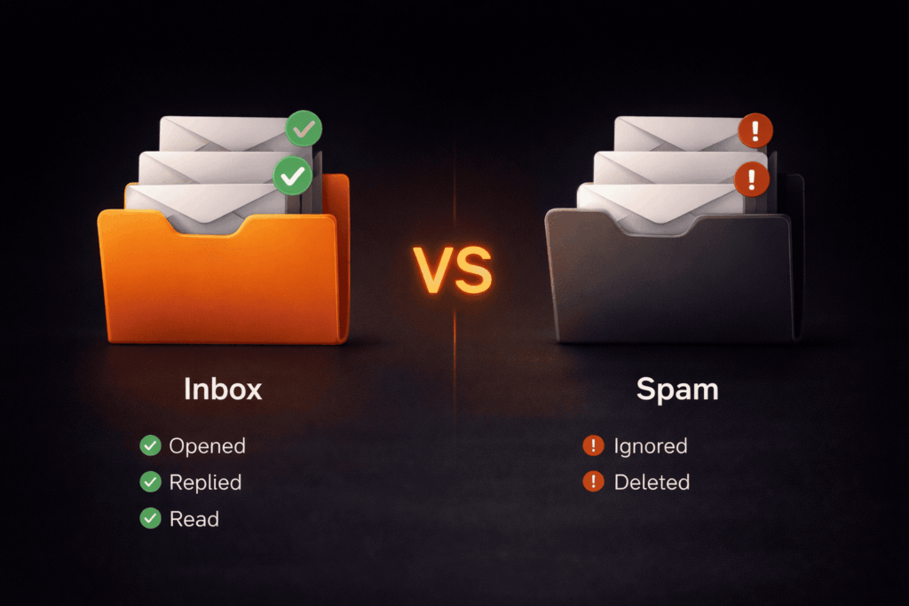 Orange inbox folder versus spam showing how effective is cold email outreach impacts deliverability