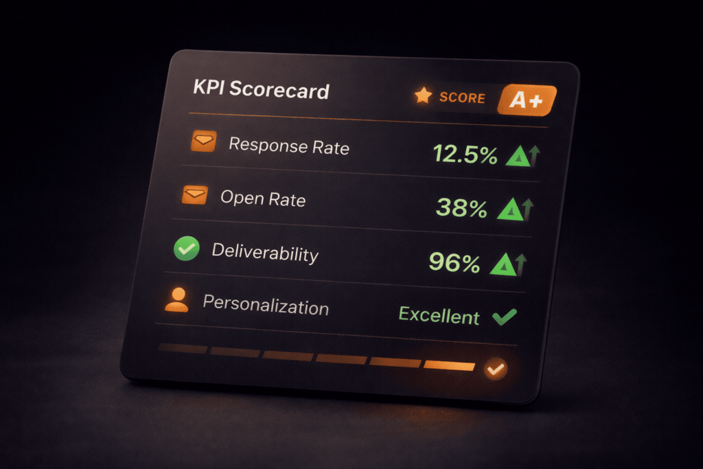 A glowing dark dashboard showing how effective is cold email outreach with A+ score metrics card