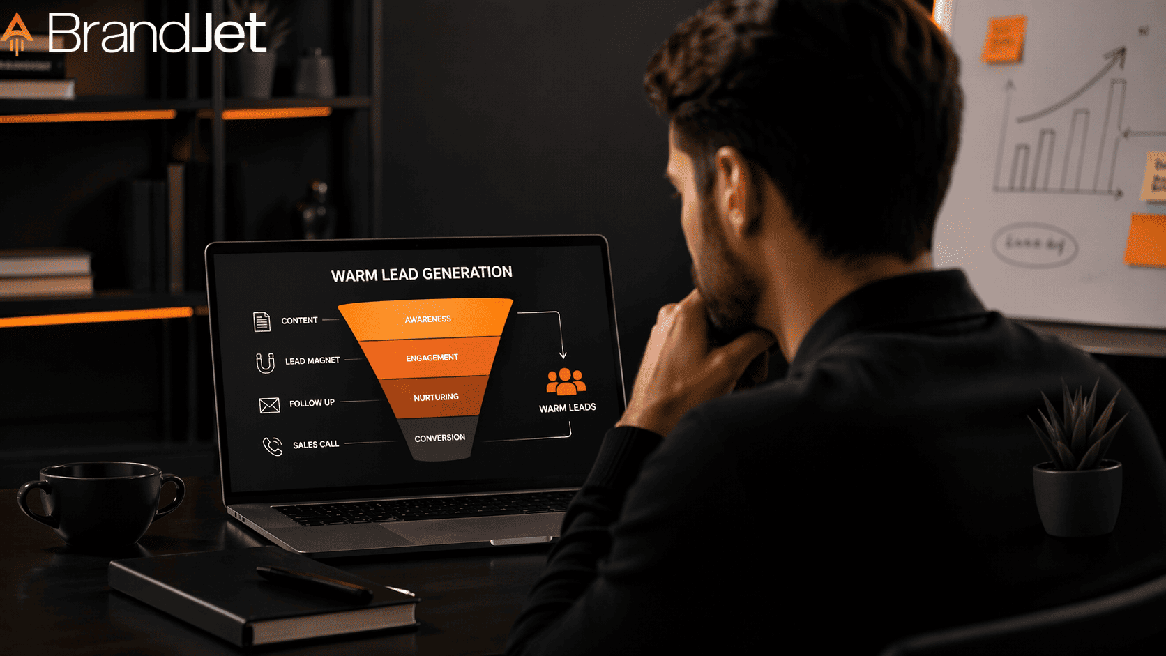 A professional reviewing how to generate warm leads for B2B using a sales funnel on a laptop screen.