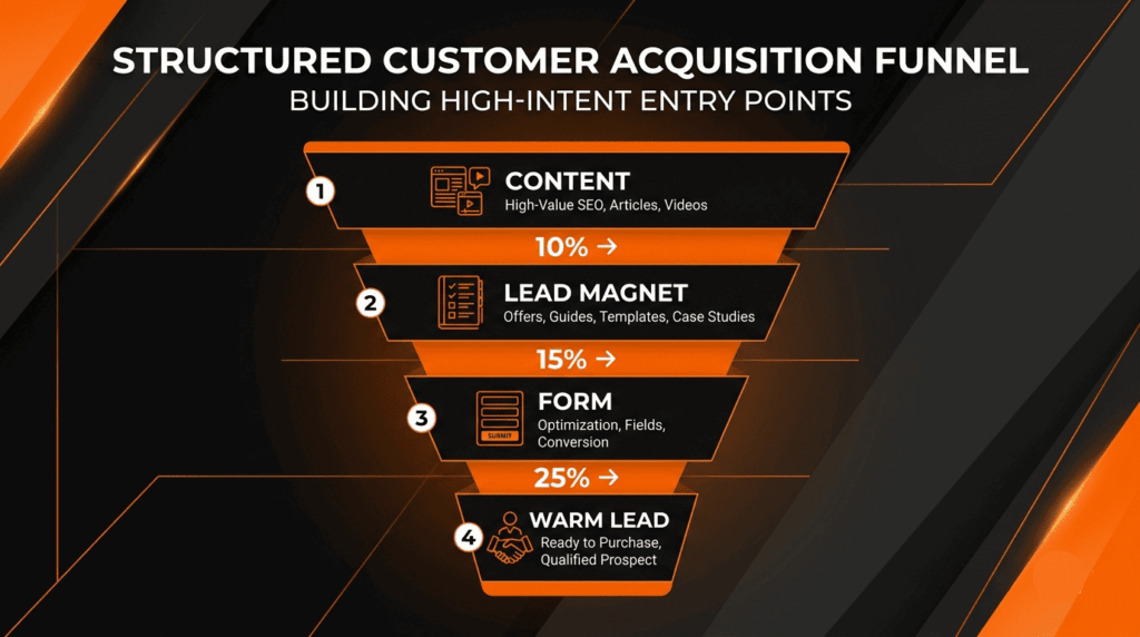 A structured acquisition funnel illustrating how to generate warm leads for B2B through content and lead magnets. 