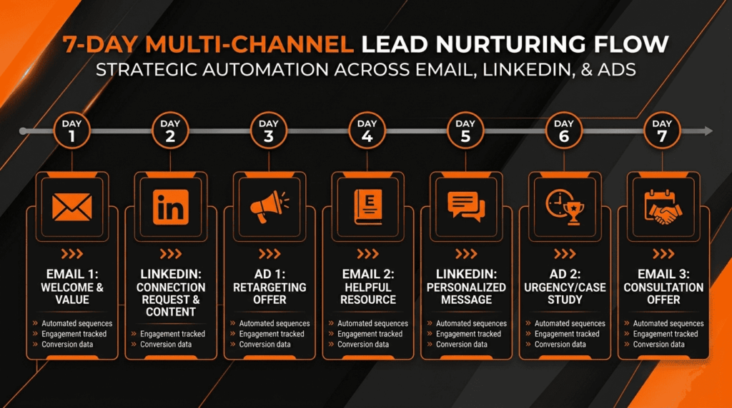 A 7-day multi-channel automation timeline demonstrating how to generate warm leads for B2B via email and LinkedIn. 