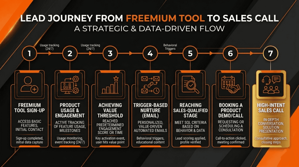 A 7-step data-driven journey showing how to generate warm leads for B2B from freemium sign-up to sales call. 
