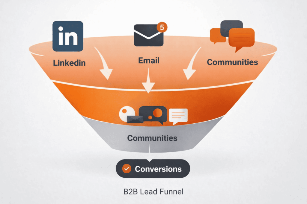How to Get Clients as a Startup through a B2B lead funnel using LinkedIn, email, and communities driving conversions.