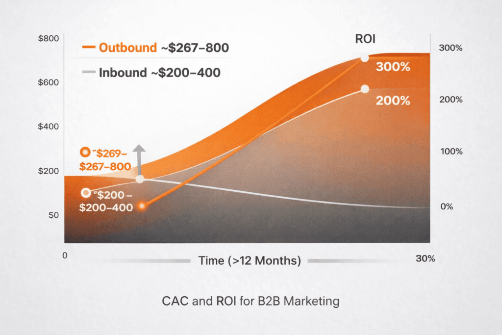 How to Get Clients as a Startup by comparing outbound vs inbound CAC and ROI growth over 12 months.