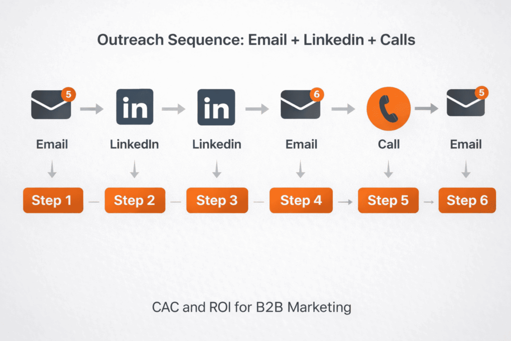 How to Get Clients as a Startup with a multi-step outreach sequence combining email, LinkedIn, and call touchpoints.
