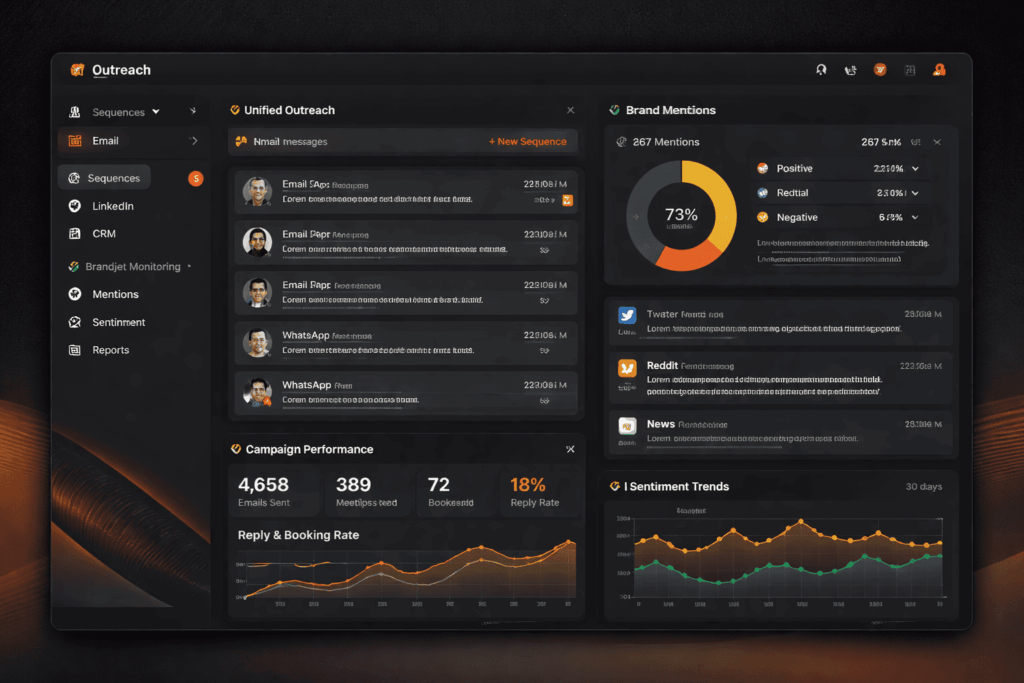 How to Get Clients as a Startup using an outreach dashboard with email, brand monitoring, and campaign performance analytics.