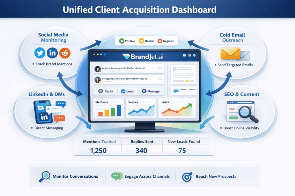 A unified dashboard showing how to get clients as a startup by monitoring social media and tracking leads