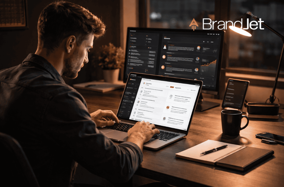A person using BrandJet software at a desk, researching how to get clients as a startup late at night