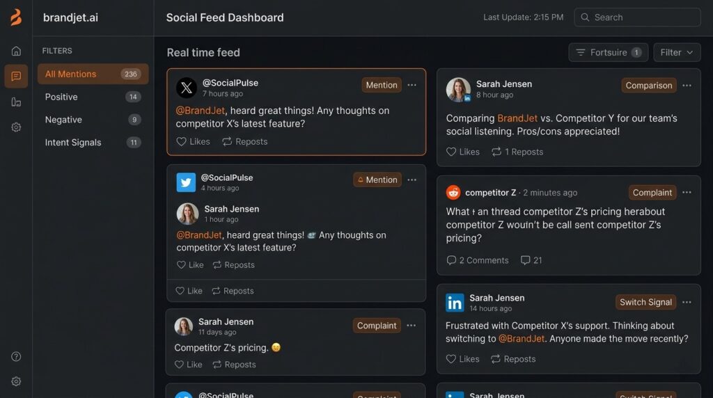 A social feed interface demonstrating how to track competitor mentions online across platforms like X and LinkedIn.